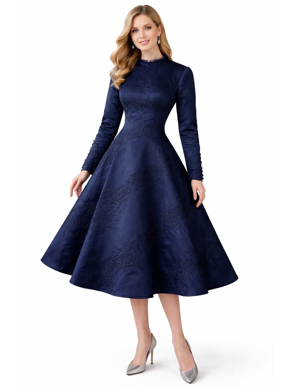 1980s Unbranded Navy Embroidered Beaded Satin Dress Fit & Flare Formal Large